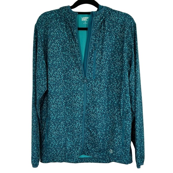 Lands End Women's Medium Teal Geometric Print Hooded Lightweight Jacket EUC - Picture 9 of 11